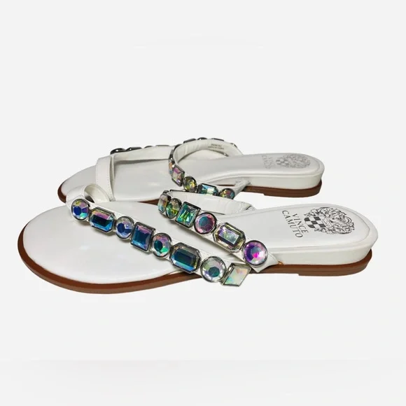 Vince Camuto Bejeweled Sandals Ambridil White Leathers shoes Toe Loop - Picture 4 of 10
